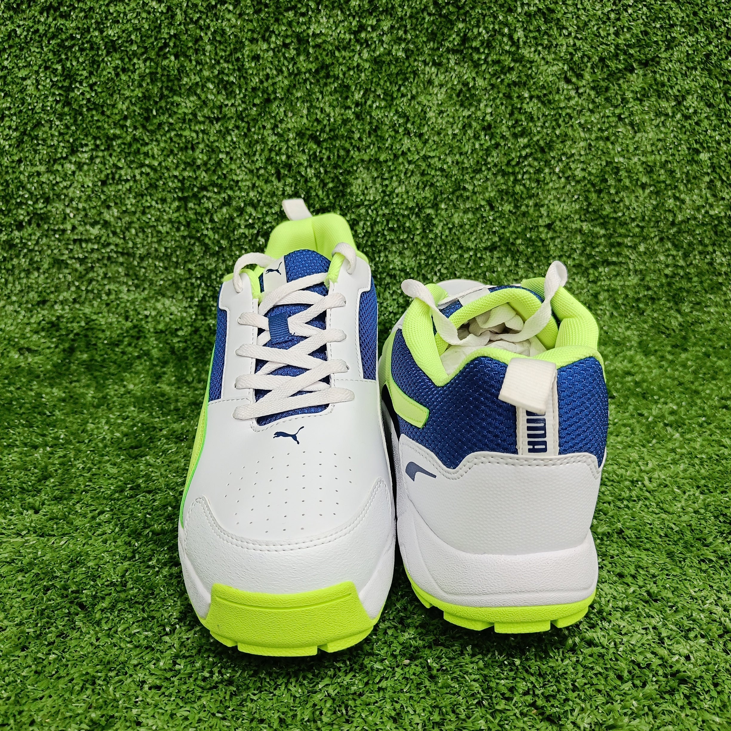 Puma White Blazing Blue Fast Yellow Cricket Shoes by Puma - packaging view - TopCricketStore