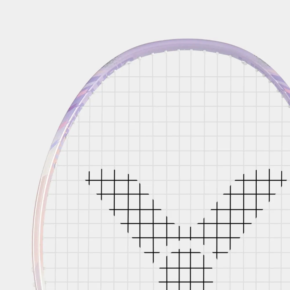 Close-up of the Victor Thruster K 66 AJ frame showing the slim profile and purple accents.