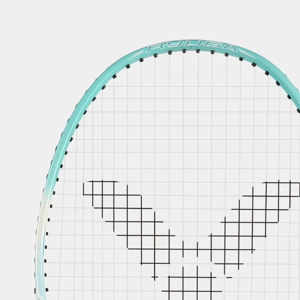 Close up of Victor Thruster Ryuga Sport R racket head with teal frame and black Victor logo.