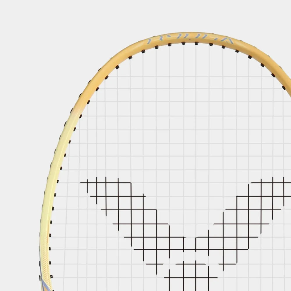 High-angle view of the Victor Thruster Ryuga Sport E racket head with yellow frame.