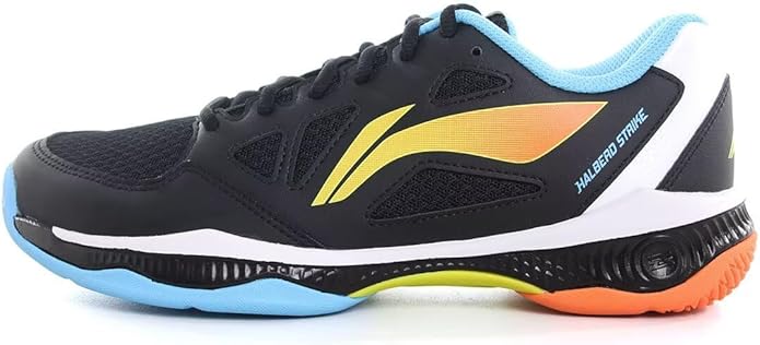 Front view of the Li-Ning Halberd Strike black and white badminton shoes showing the breathable mesh upper and lace-up design.