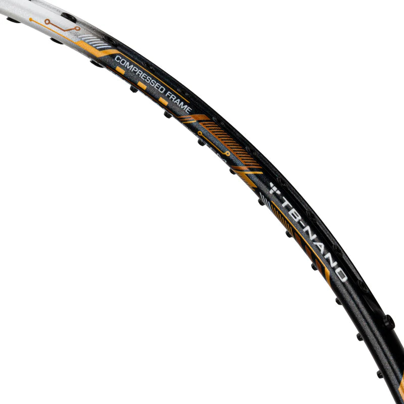 Li-Ning Air Force 77 G3 Badminton Racket Prestrung (Dark Grey/White/Gold) by Li-Ning - in-use view - TopCricketStore
