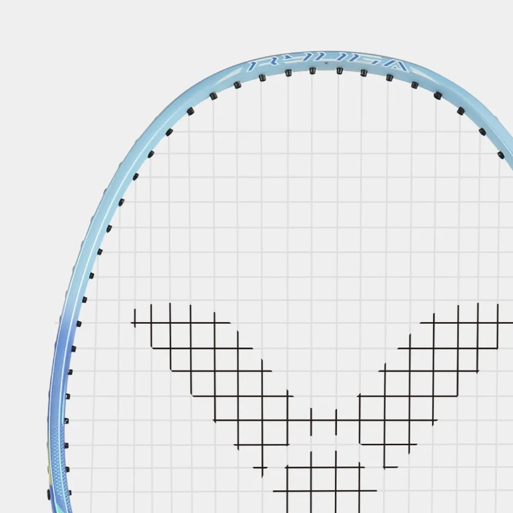 Close up of Victor Thruster Ryuga Sport F racket head with blue frame and white strings.