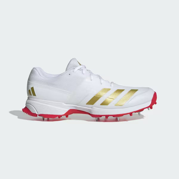 Adidas 22YDS Cloud White / Gold Metallic / Pure Ruby Cricket Metal Spike Shoes