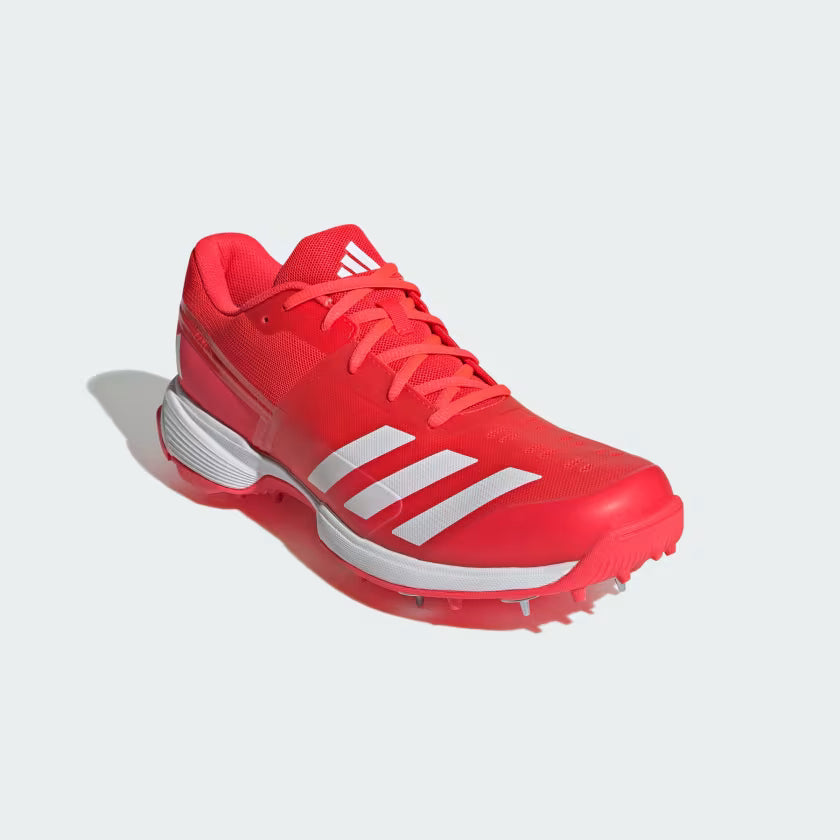 Adidas 22YDS Lucid Red / Zero Metalic / Lucid Red Cricket Metal Spike Shoes by Adidas - close-up detail - TopCricketStore