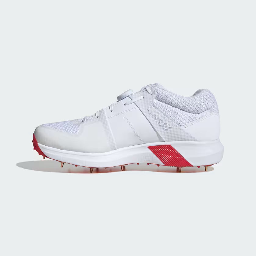 Adidas Adipower Vector Mid 20 Cloud White / Gold Metallic / Pure Ruby Cricket Metal Spike Shoes by Adidas - in-use view - Top