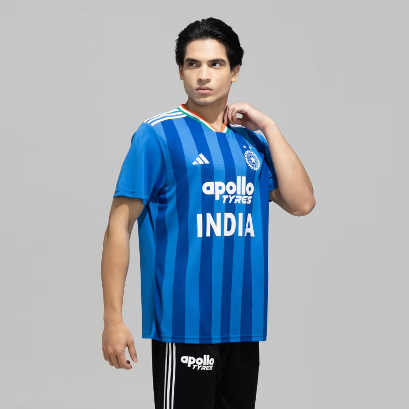 Adidas India T20 Cricket Fan Jersey - Bright Royal Blue 2026 by Adidas - close-up detail - TopCricketStore
