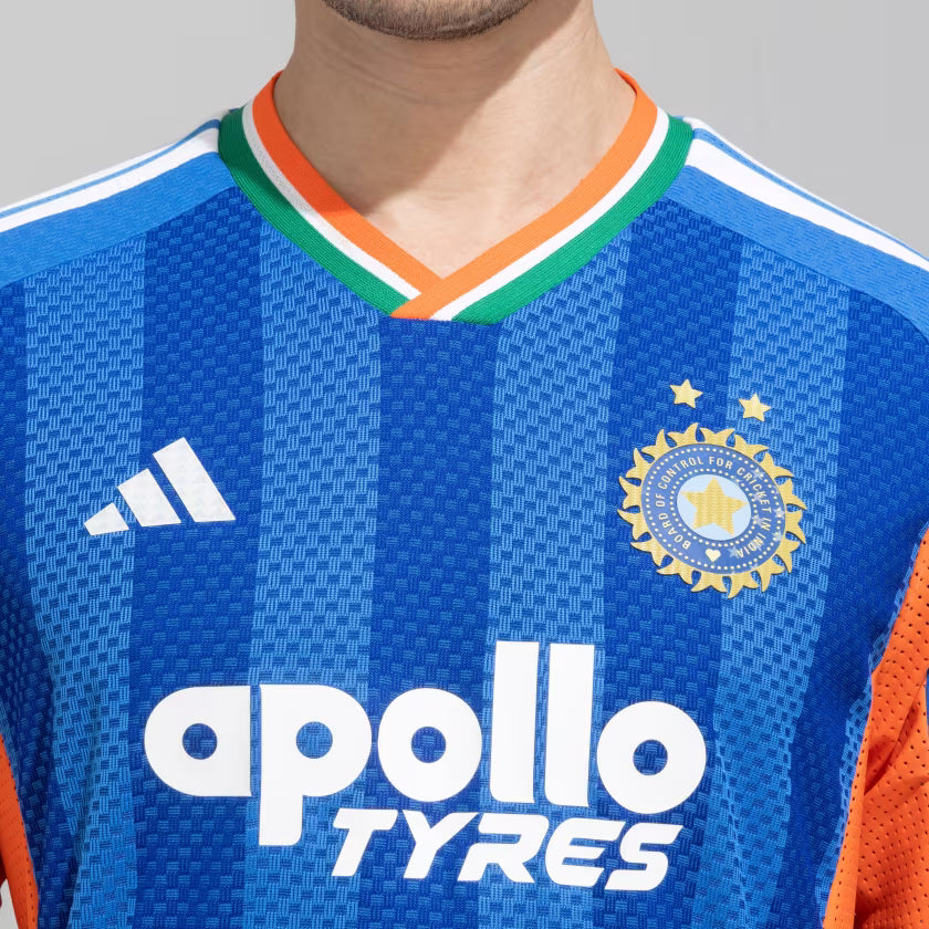 Adidas India T20 Players International Cricket Jersey - Bright Royal Blue 2026 by Adidas - close-up detail - TopCricketStore
