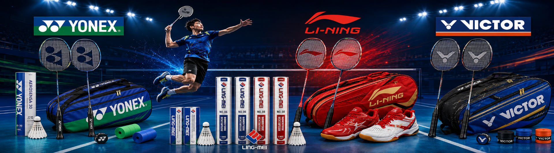 A promotional banner for badminton gear featuring Yonex, Li-Ning, and Victor brands. A male athlete is shown mid-air in the center, flanked by various products including badminton rackets, shuttlecocks, bags, and shoes on a blue stadium background.