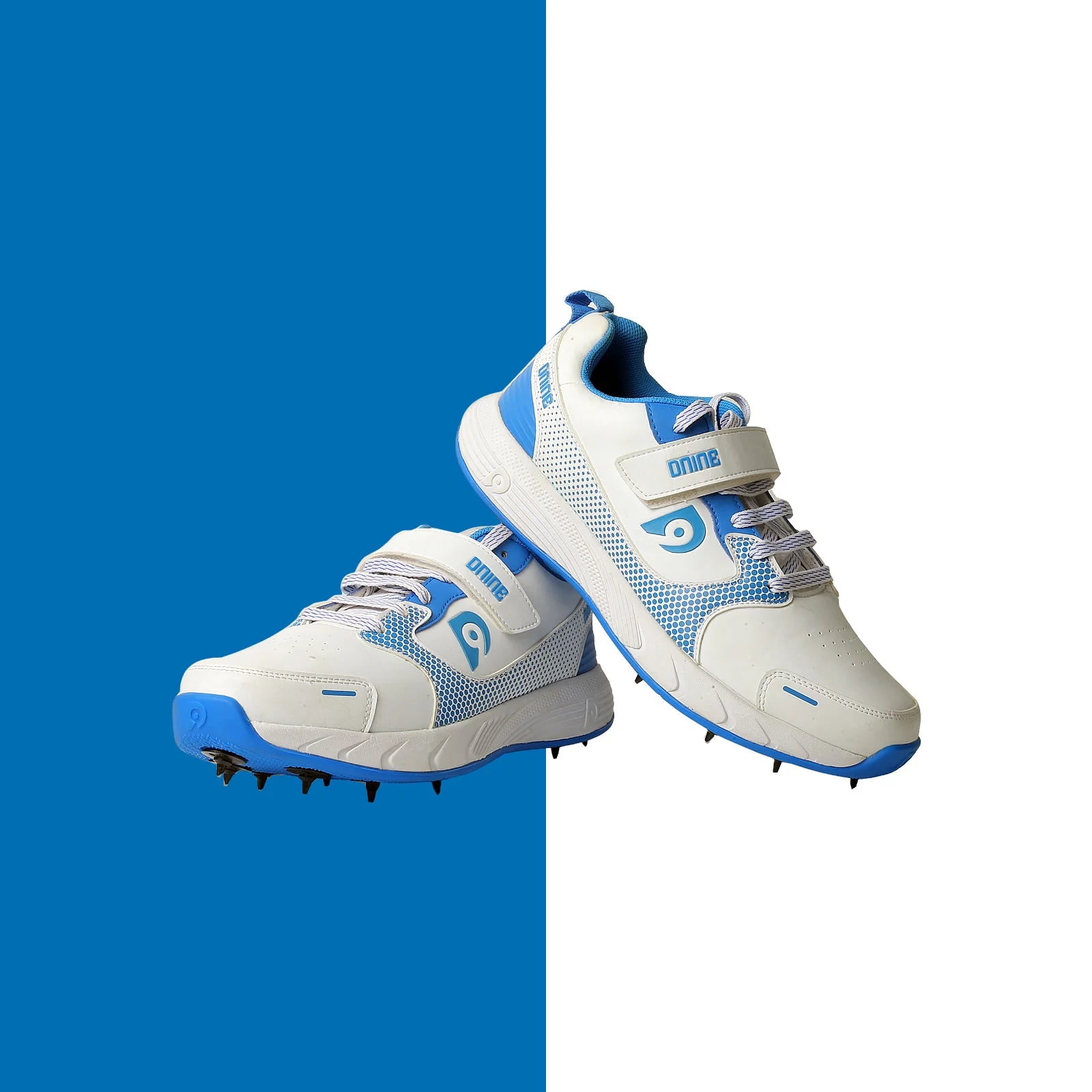 DNINE Polyurethane (PU) Force Blue/White Cricket Metal Spike Shoes-1-Top_Cricket_Store