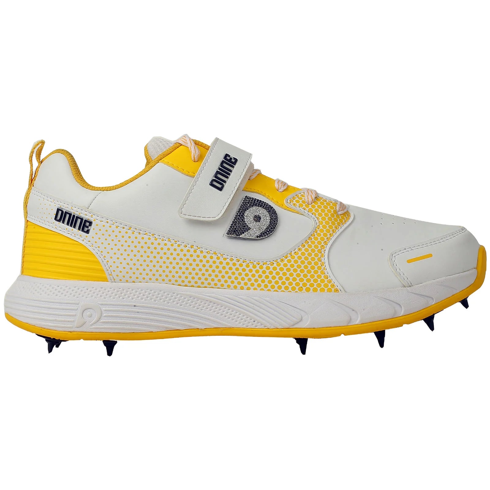 DNINE Polyurethane (PU) Prince-1 Yellow/Black/White Cricket Metal Spike Shoes-1-Top_Cricket_Store