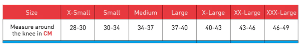 Dyna Sego Knee Support Plain Size Chart- Top Cricket Store