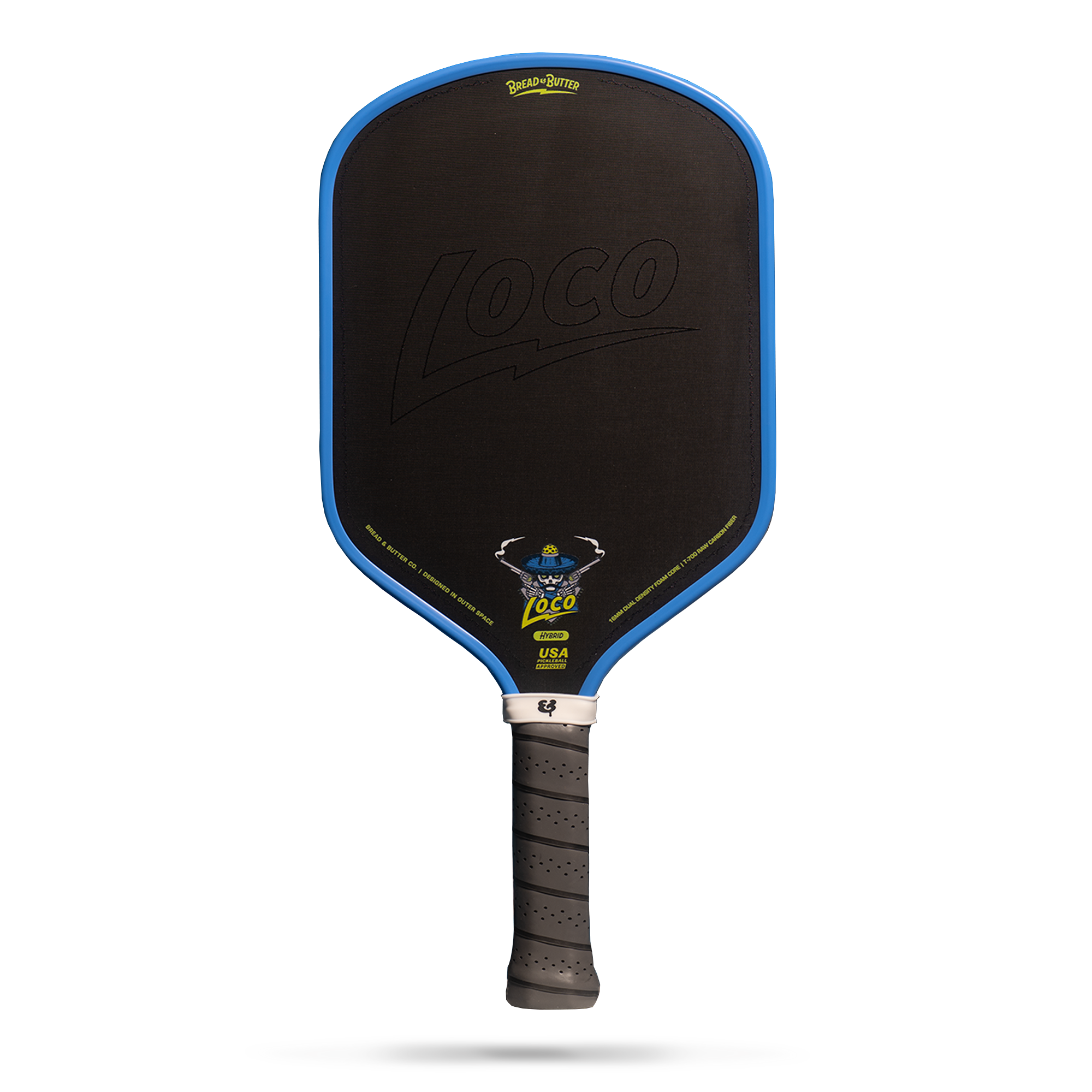 Bread & Butter Loco 16mm pickleball paddle, Hybrid shape in Azul, full face view