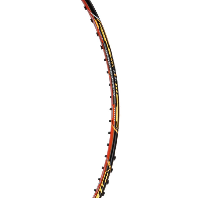 Li-Ning Windstorm 76 Black / Orange / Gold Badminton Racket Unstrung by Li-Ning - in-use view - TopCricketStore