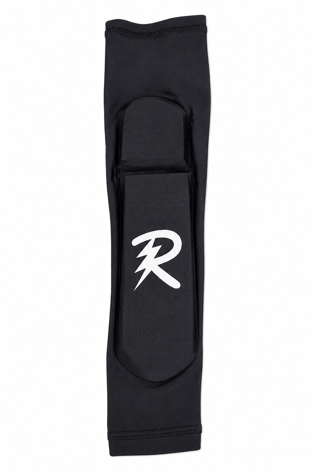 Full front view of the Raydn Arm Pro Youth Cricket Elbow Guard in white, showcasing the seamless spandex compression sleeve and ergonomic pre-shaped foam.