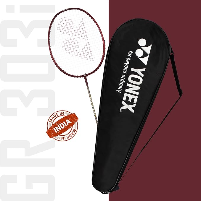 Yonex GR-303i Dark Red Badminton Racket Prestrung - Made in India by Yonex - back view - TopCricketStore