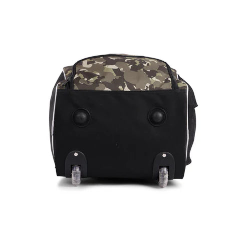Black suitcase with camouflage top section on a white background / Wheelie bag