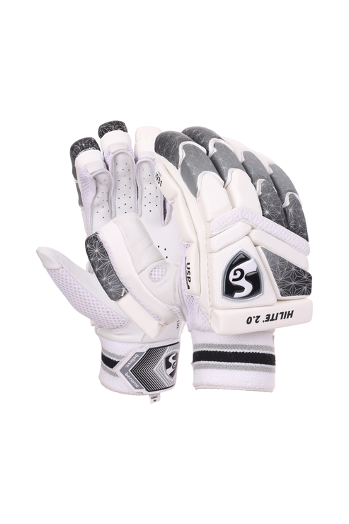 Pair of white and gray batting gloves with a brand logo on a white background