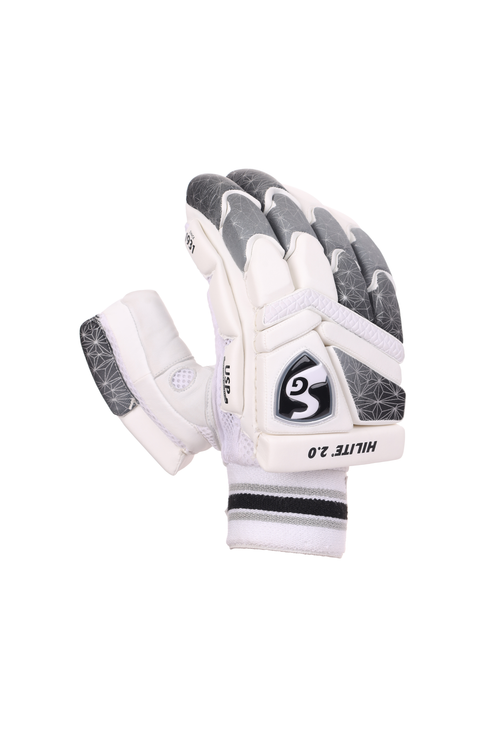 Pair of gray and white SG Hilite 2.0 Cricket Batting gloves with a logo on a white background
