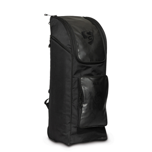 SG KLR cricket wheelie kit bag – three-quarter front-left angle view showing padded backpack straps, leatherette KLR front pocket, SG logo, and full bag depth