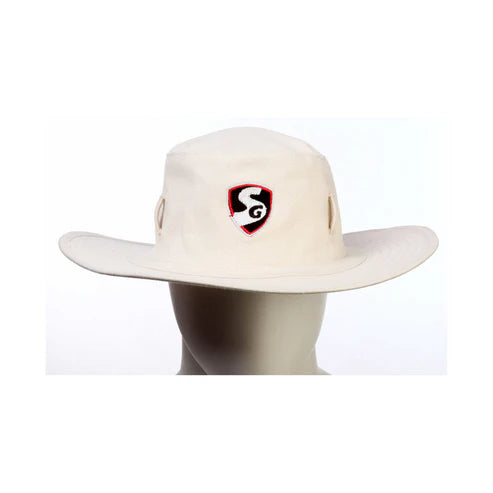 White cricket Panama hat with a logo on a mannequin head against a white background