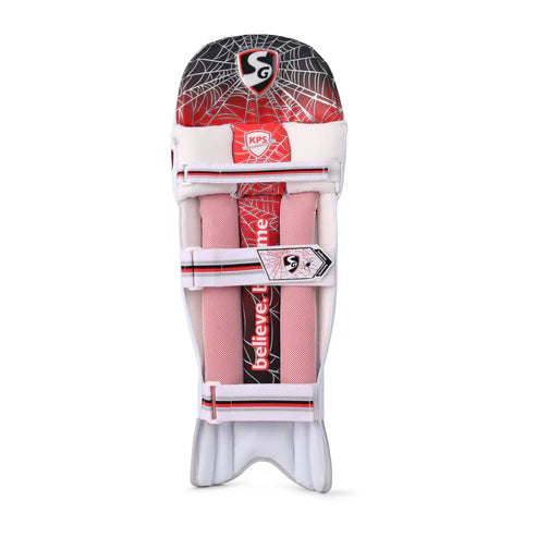 Back view of the SG RP Ecolite Adult Cricket Batting Pad in white, featuring a red and black spiderweb pattern on the top hat, vertical protective bolsters with 'Believe' text, and three fastening straps.
