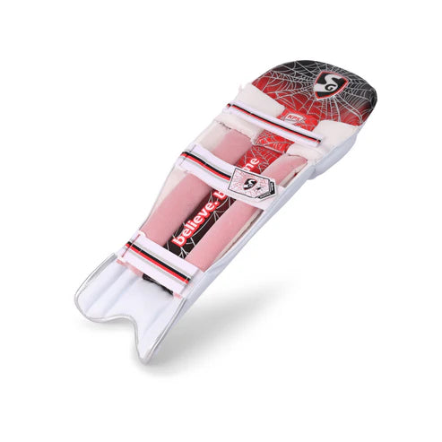 Bottom view of the SG RP Ecolite Adult Cricket Batting Pad in white, featuring a red and black spiderweb pattern on the top hat, vertical protective bolsters with 'Believe' text, and three fastening straps.