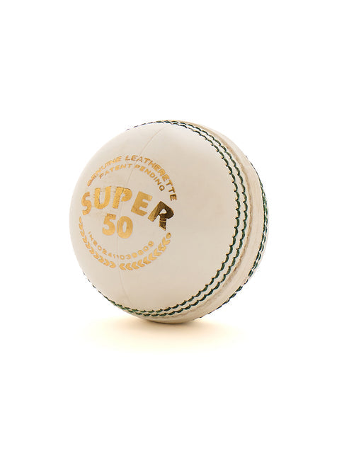 SG Super 50 White Cricket Leather Ball Adult Size 144gms - front closeup