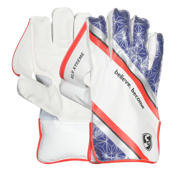 Pair of gloves with white, blue, and red design on a white background