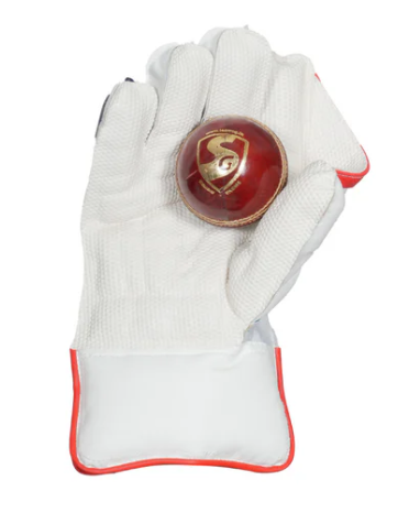 White cricket glove holding a red cricket ball on a white background