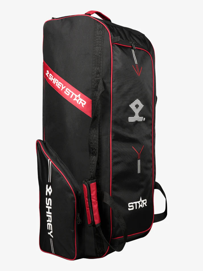 Close-up of Shrey Star 2.0 Wheelie Cricket Kit Bag front panel showing zip compartment and Shrey logo branding