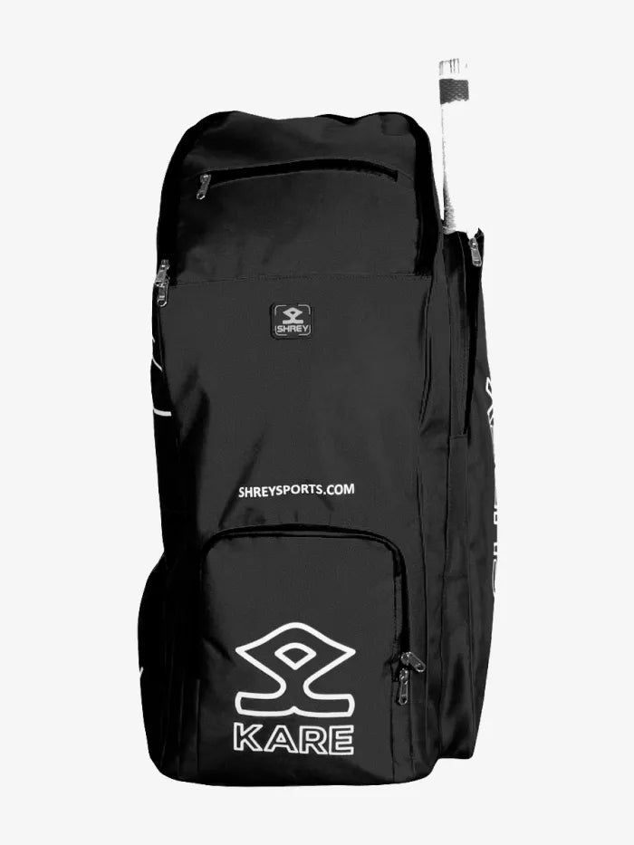 Shrey Kare Duffle Cricket Kit Bag in black – full front view showing main compartment zip and Shrey branding