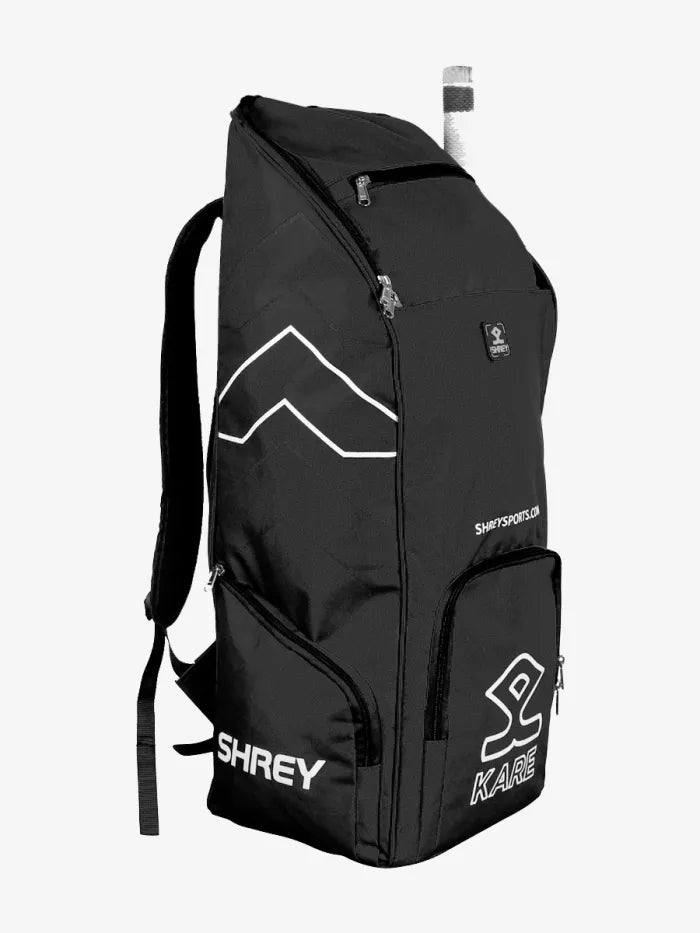Close-up front view of Shrey Kare Duffle Cricket Bag showing Shrey logo, zipper quality, and water-resistant fabric