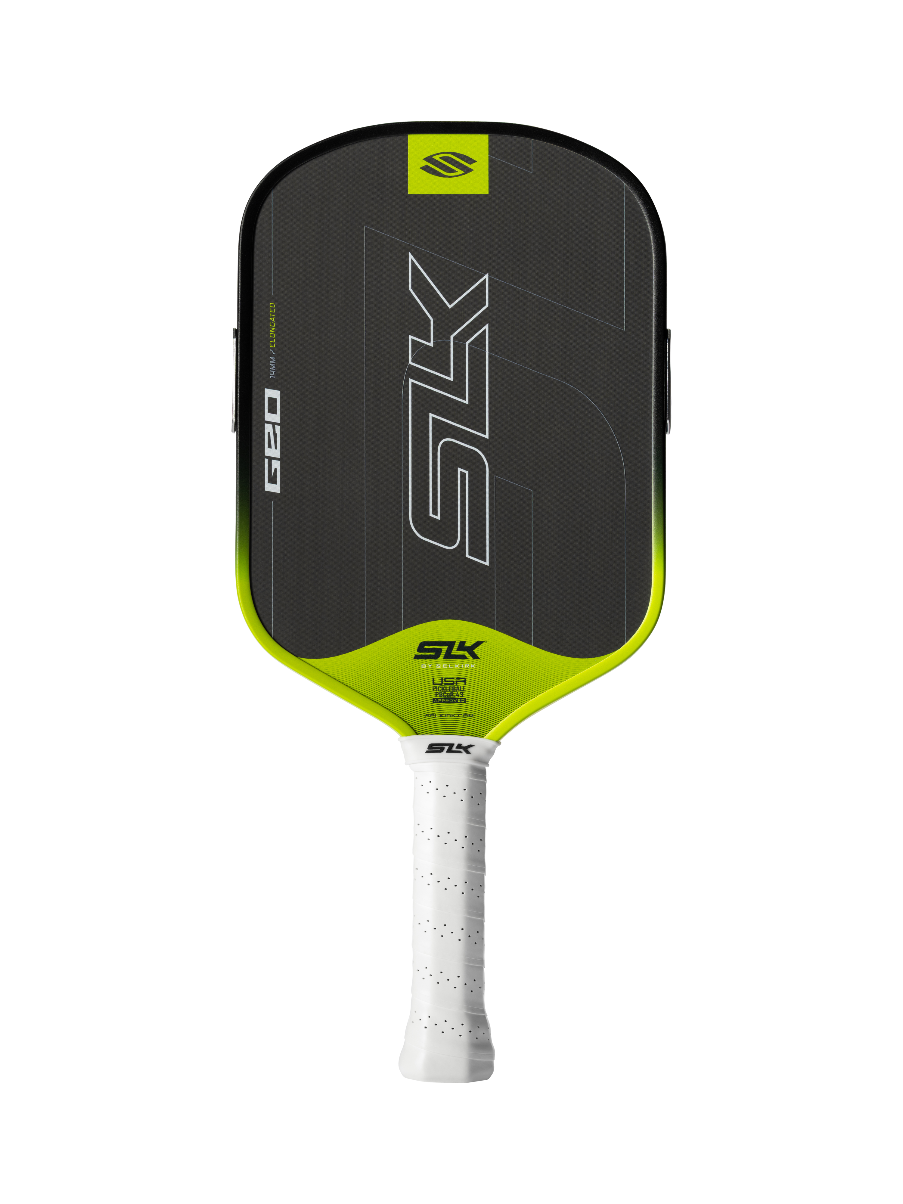 SLK Geo pickleball paddle by Selkirk, Elongated shape in Volt green, full face view