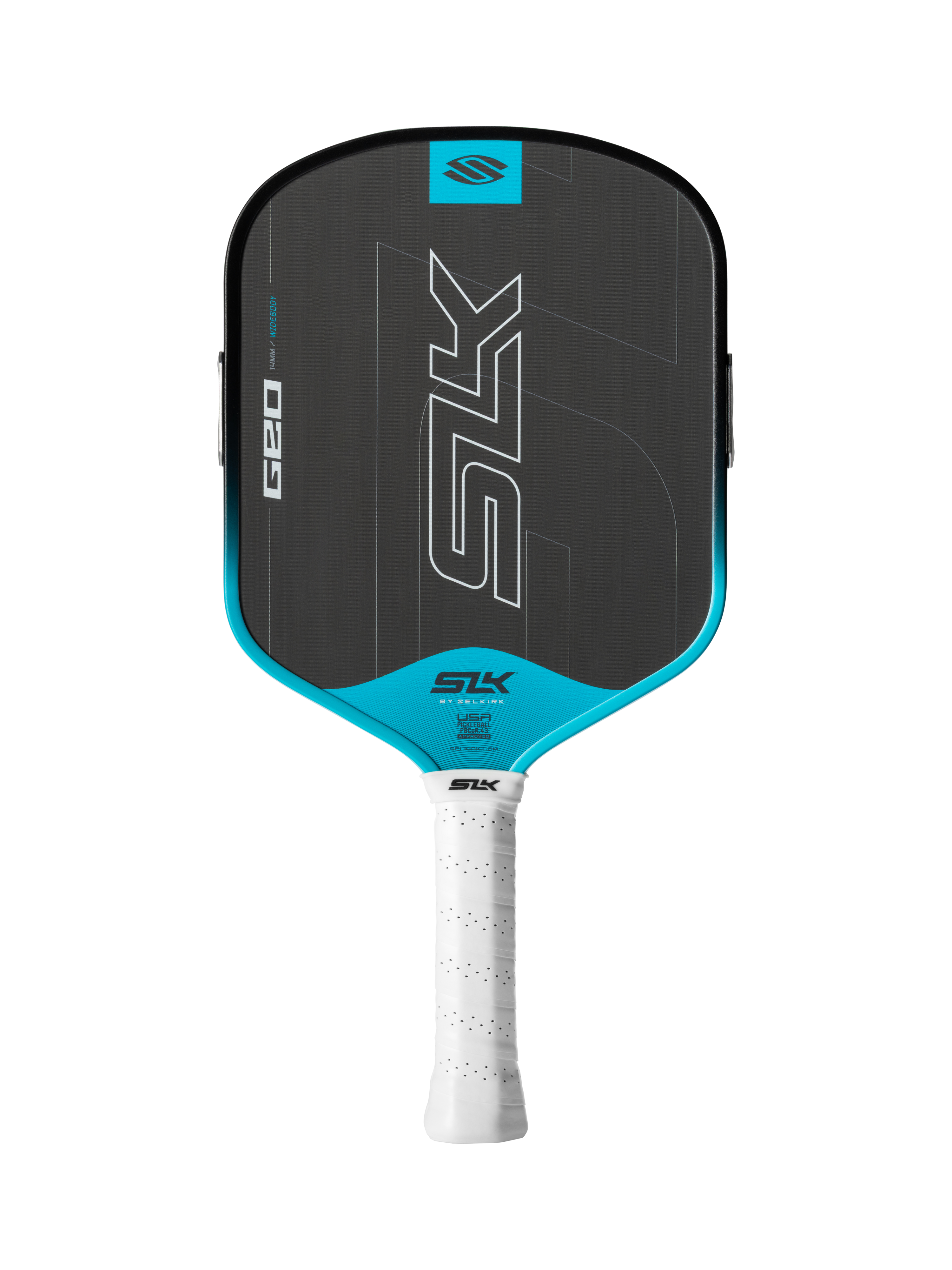 SLK Geo pickleball paddle by Selkirk, Widebody shape in Cyan, full face view