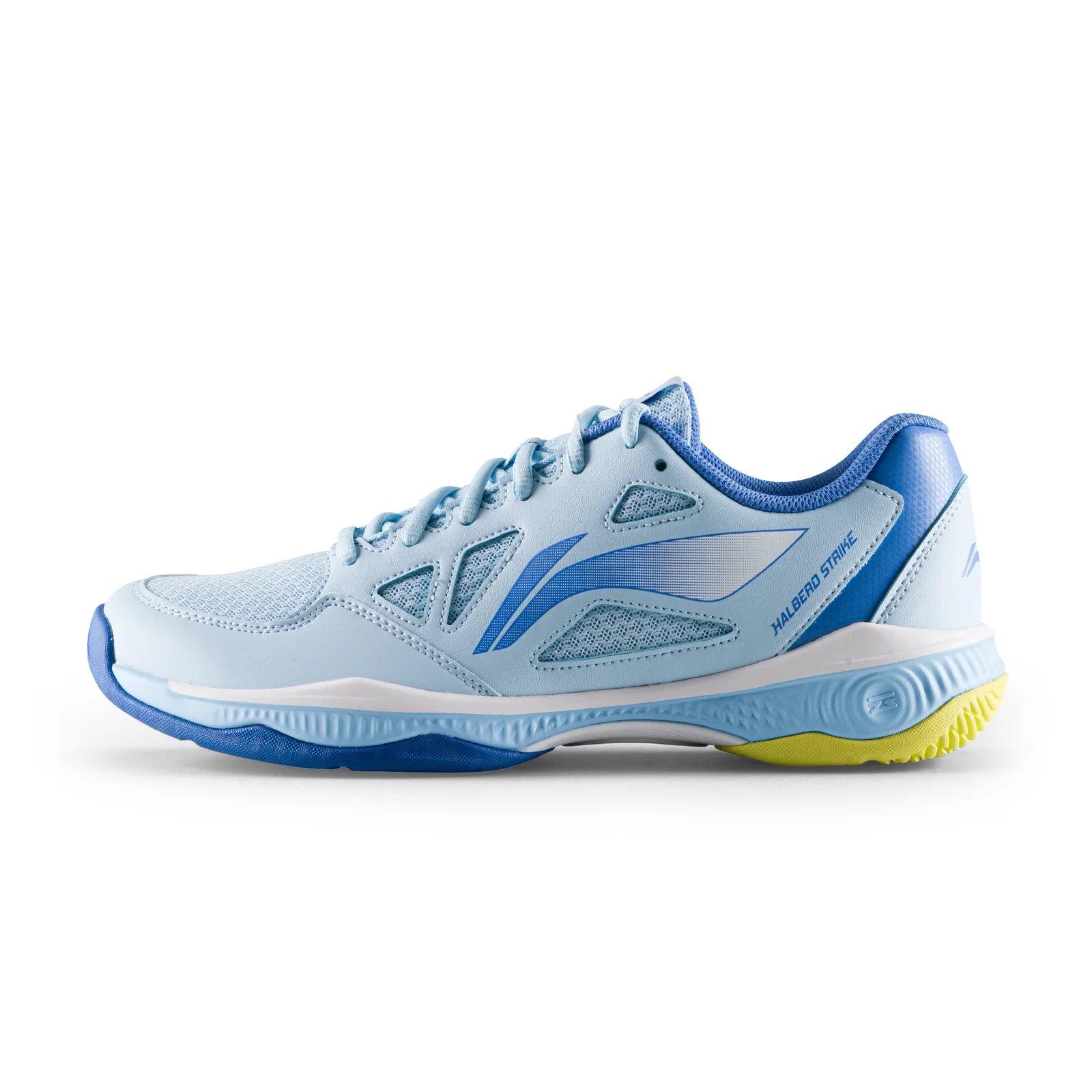 Angled view of the Li-Ning Halberd Strike multi-court athletic shoe in blue and white