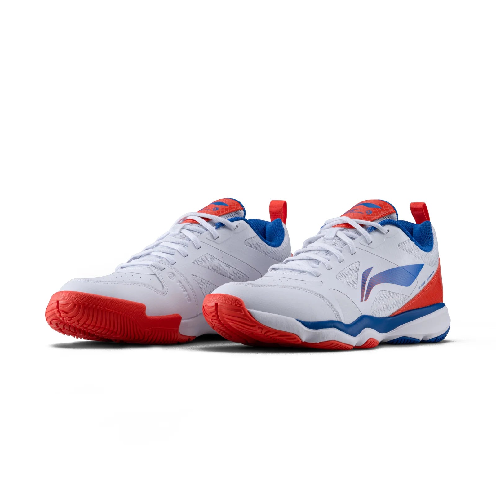 Angled view of a pair of Li-Ning Ranger Force White and Orange Non-Marking Badminton Shoes