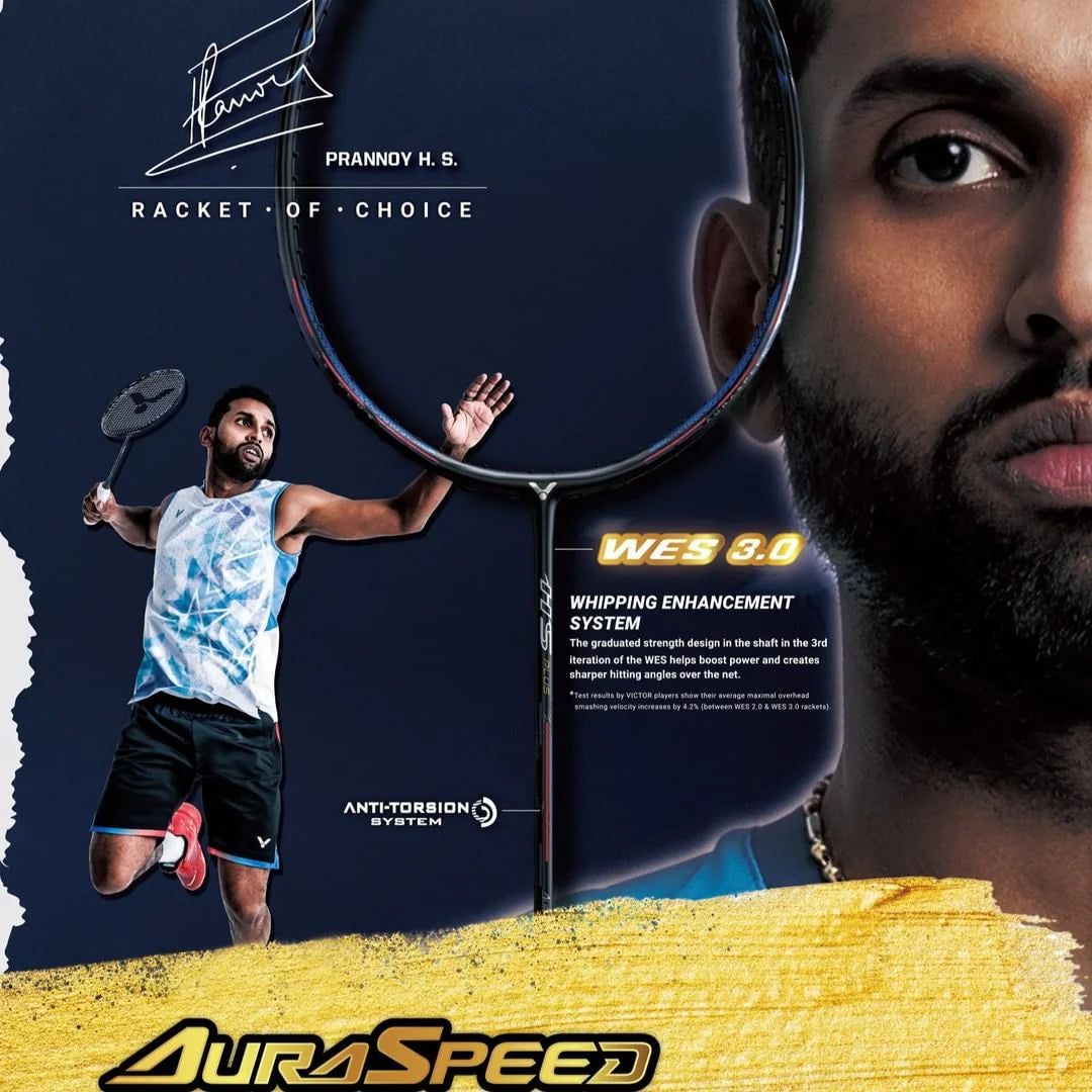 Badminton star HS Prannoy holding the Victor Auraspeed Hyper Sonic HS Plus Racket