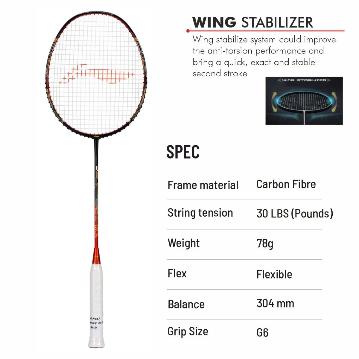 Li-Ning Air Force 78 G3 Badminton Racket Prestrung (Black/Orange Red/Gold)