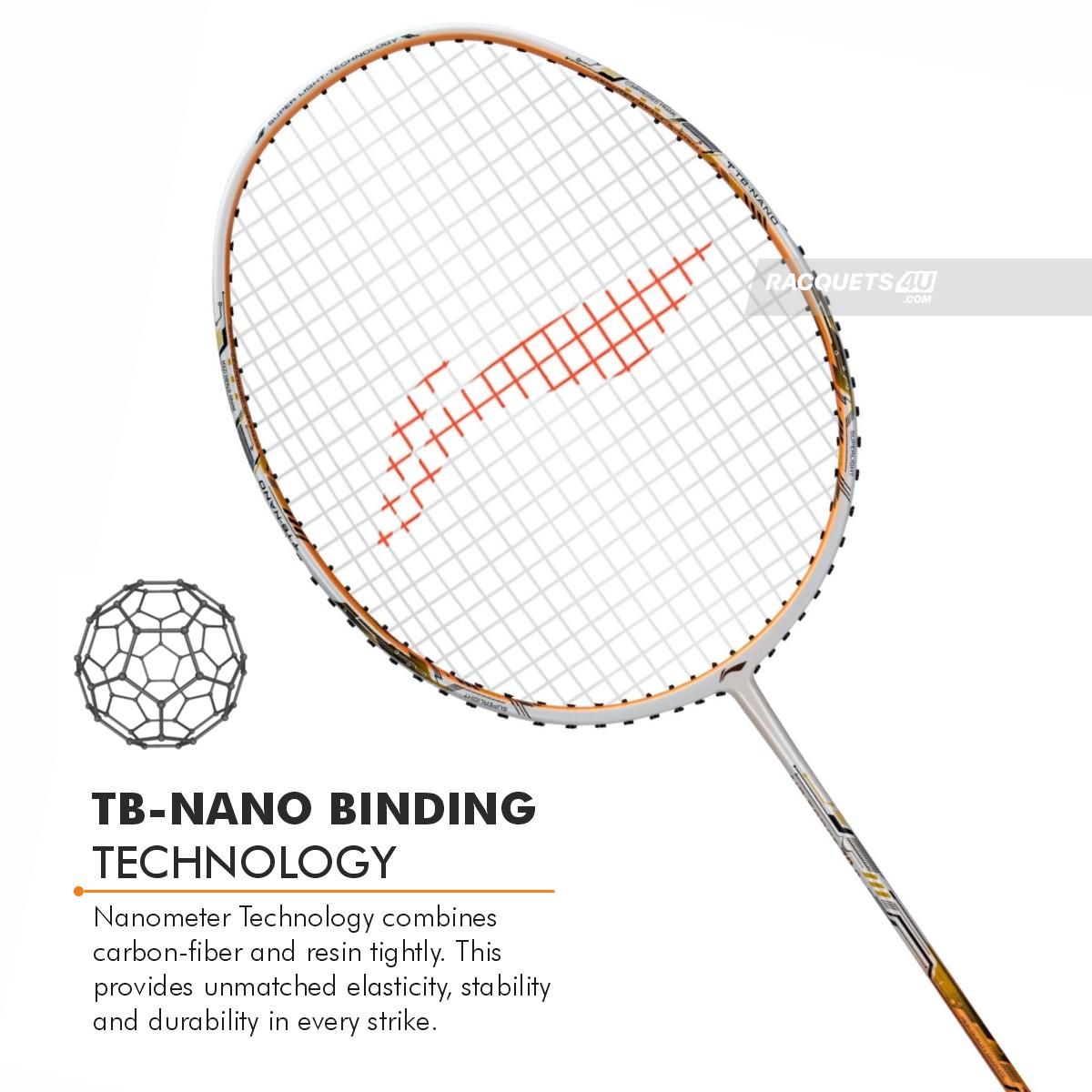 Li-Ning Air Force 78 G3 Badminton Racket Prestrung (White/Light Orange/Black) by Li-Ning - close-up detail - TopCricketStore