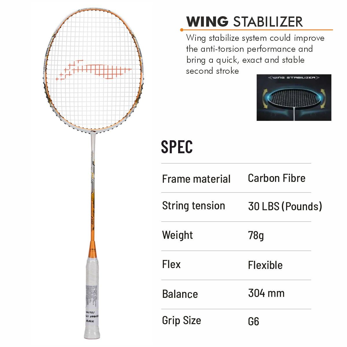 Li-Ning Air Force 78 G3 Badminton Racket Prestrung (White/Light Orange/Black)