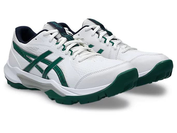 Full front view of ASICS GEL-Peake 3 cricket shoes in white and Jasper Green.
