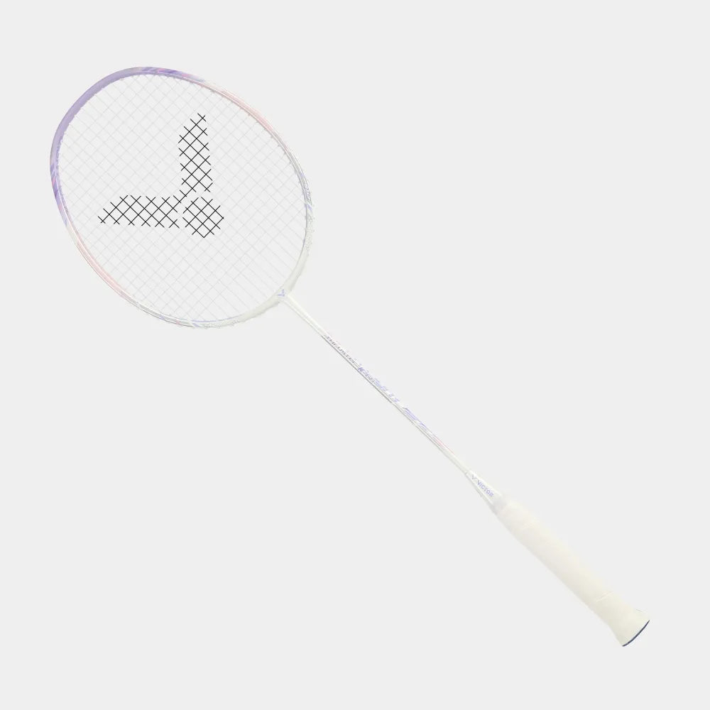 Full view of Victor Thruster Rocket O badminton racket in white with iridescent purple accents.