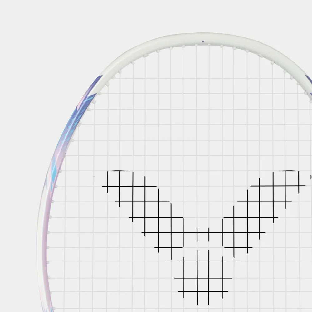 Close-up of the Victor DriveX 7SP AJ racket head featuring Metallic Carbon Fiber technology.