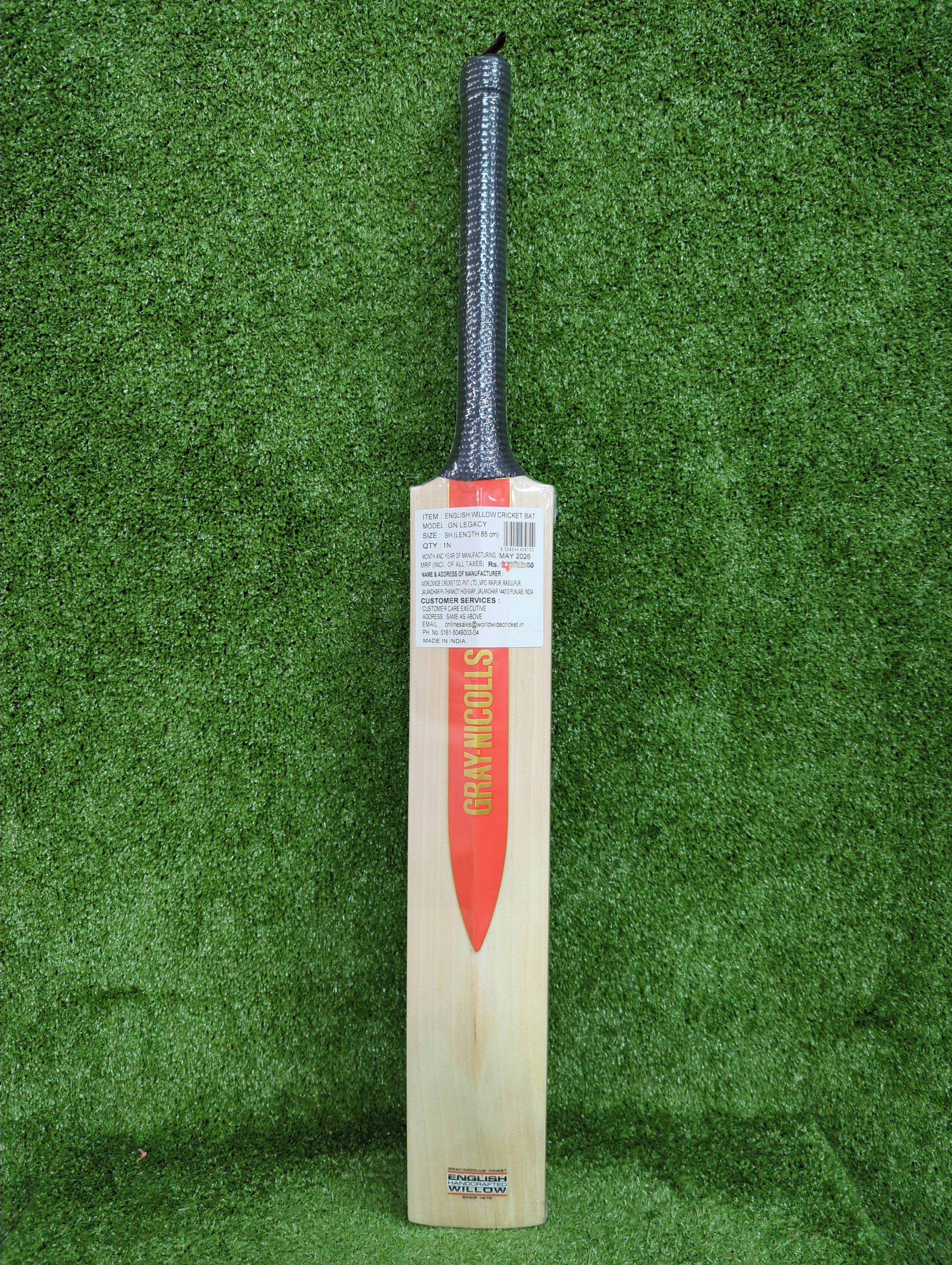 Full back view of the Gray-Nicolls Legacy adult bat displaying elegant brand stickers and the full spine.