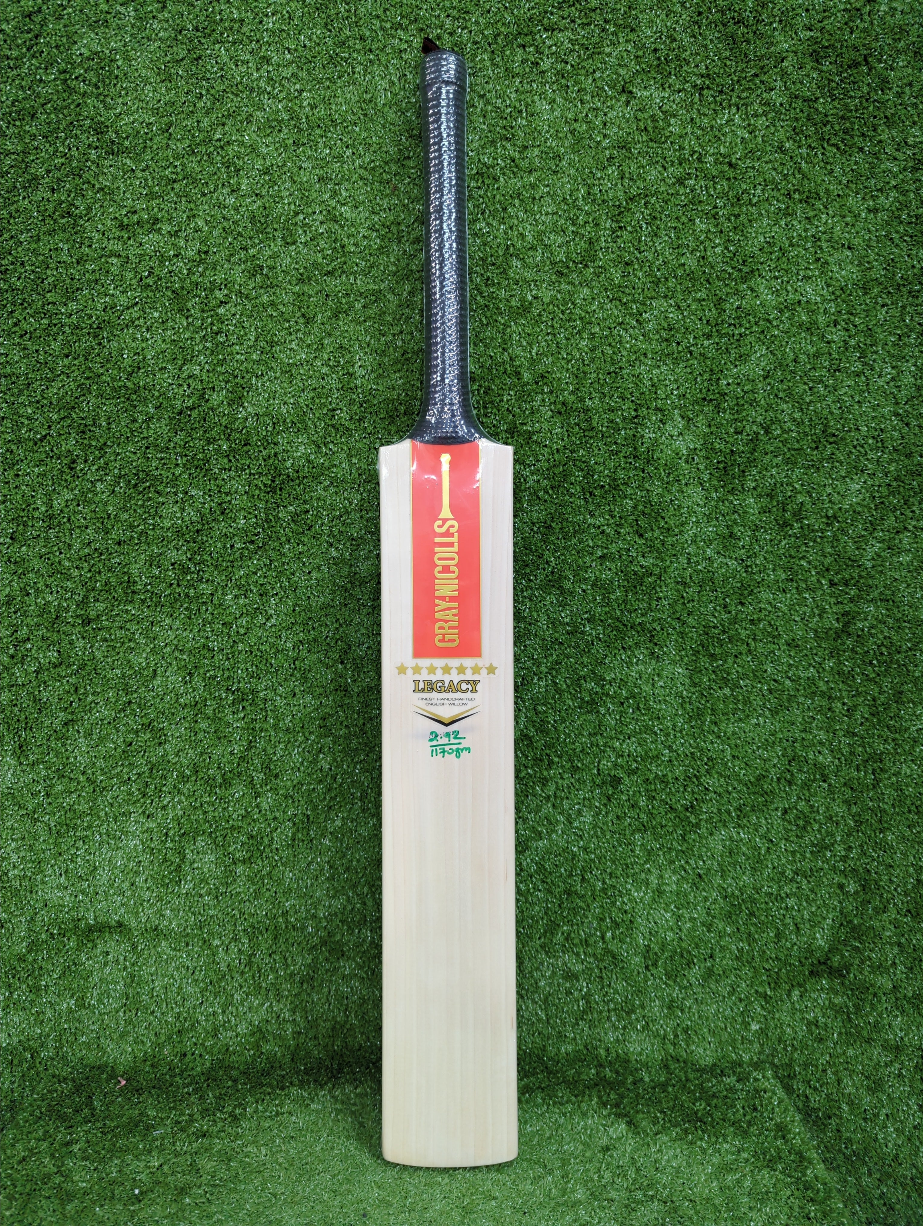 Full front view of the Gray-Nicolls Legacy Adult English Willow Cricket Bat showing the premium Grade 1 wood grain.