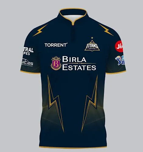 Full front view of the official Gujarat Titans 2026 match edition jersey in blue