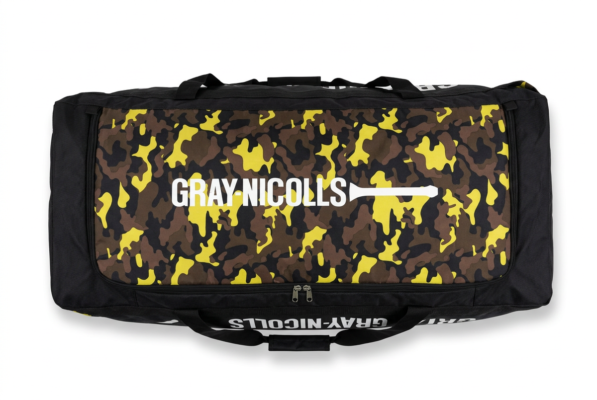 Top view of Gray-Nicolls Players Wheele bag showing camouflage zippered opening and carry handles