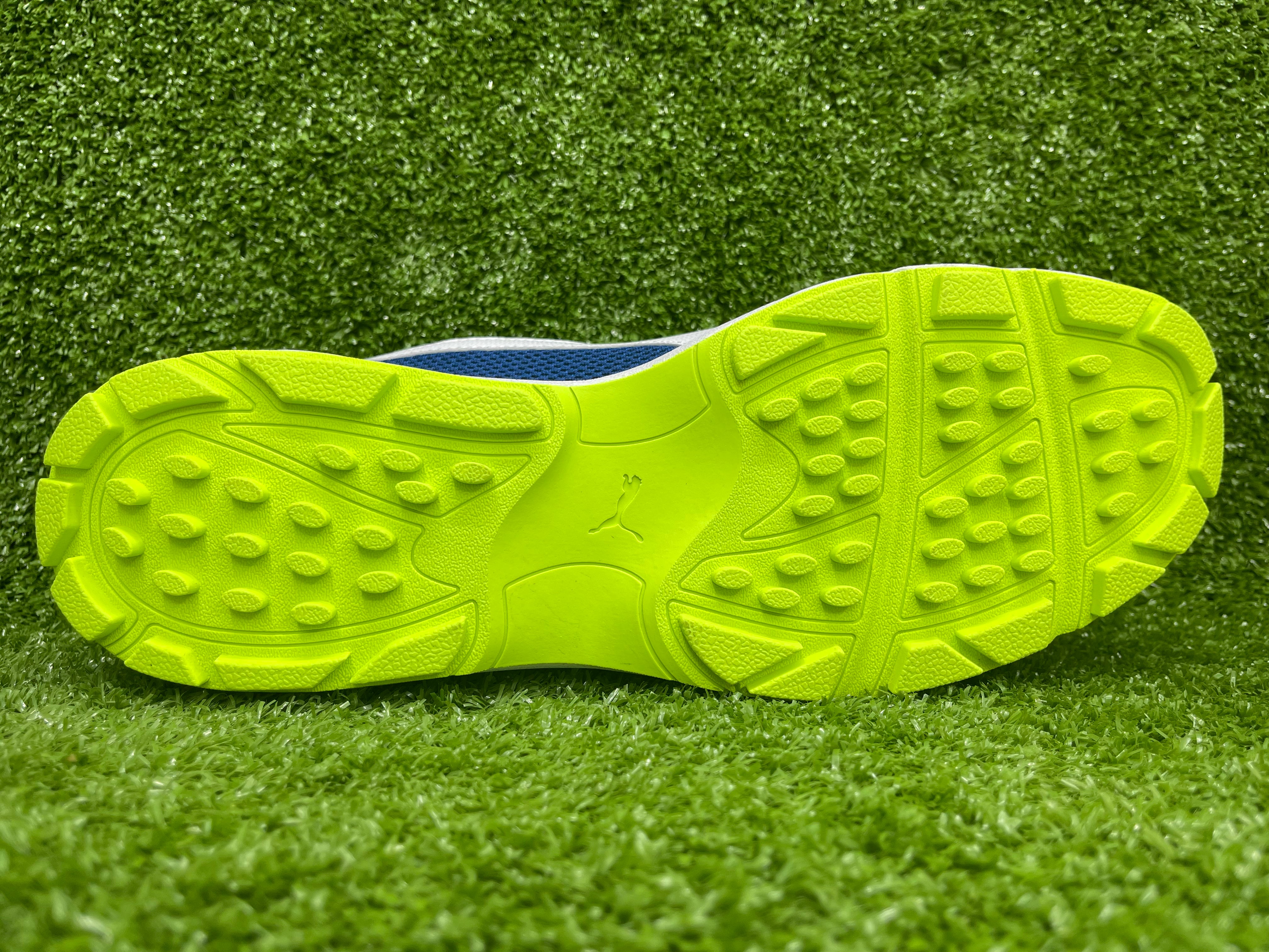 Puma White Blazing Blue Fast Yellow Cricket Shoes by Puma - back view - TopCricketStore