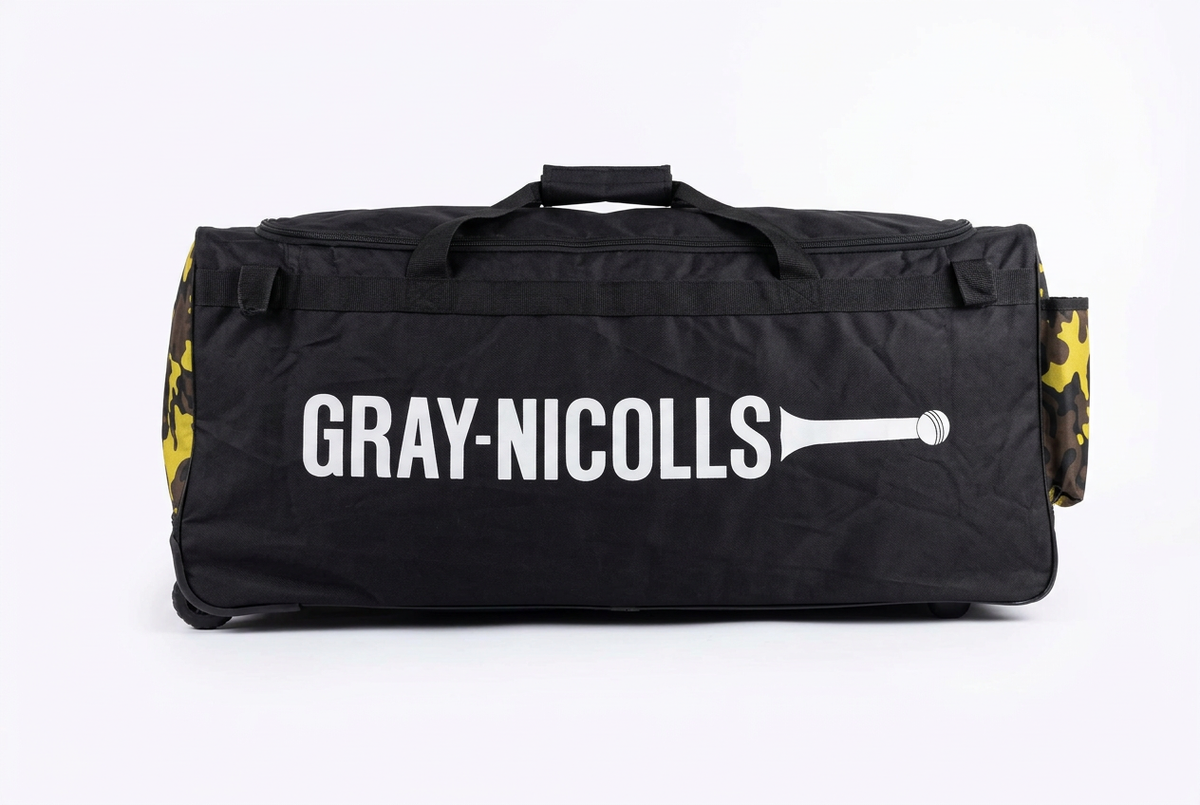 Black Gray-Nicolls Players Wheele cricket bag side view with white branding